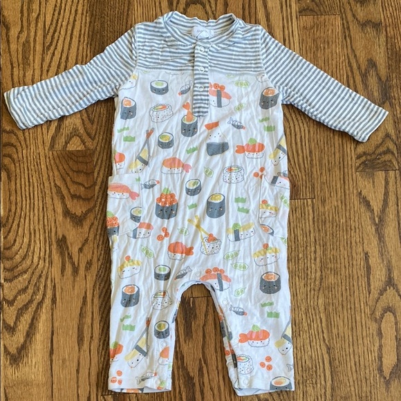 Grey/white stripe, sushi print Angel Dear bamboo once piece pj with snaps, 3-6M - Picture 1 of 15